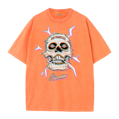 Retro Skull Graphic Tee – Washed Streetwear Cotton T-Shirt with Crossed Bats Print