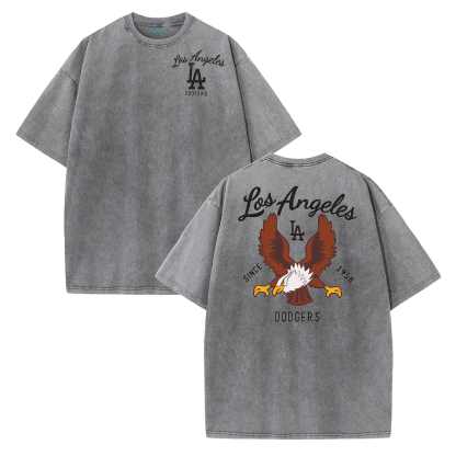 Los Angeles Script & Eagle Print Washed Tee – Retro LA Street Style T-Shirt