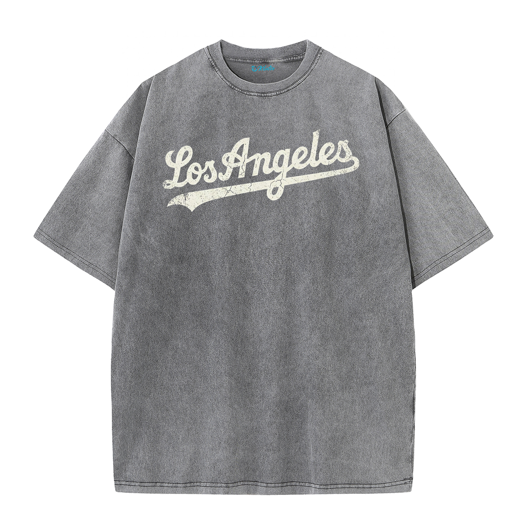 Los Angeles Script & Star Circle Graphic Tee – Vintage Washed Streetwear T-Shirt
