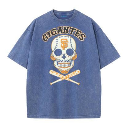 Vintage Skull Baseball Graphic Washed T-Shirt – Retro Streetwear Cotton Tee