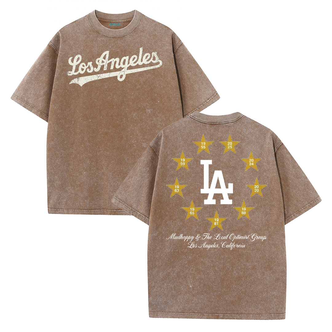 Los Angeles Script & Star Circle Graphic Tee – Vintage Washed Streetwear T-Shirt