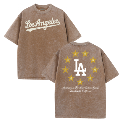 Los Angeles Script & Star Circle Graphic Tee – Vintage Washed Streetwear T-Shirt