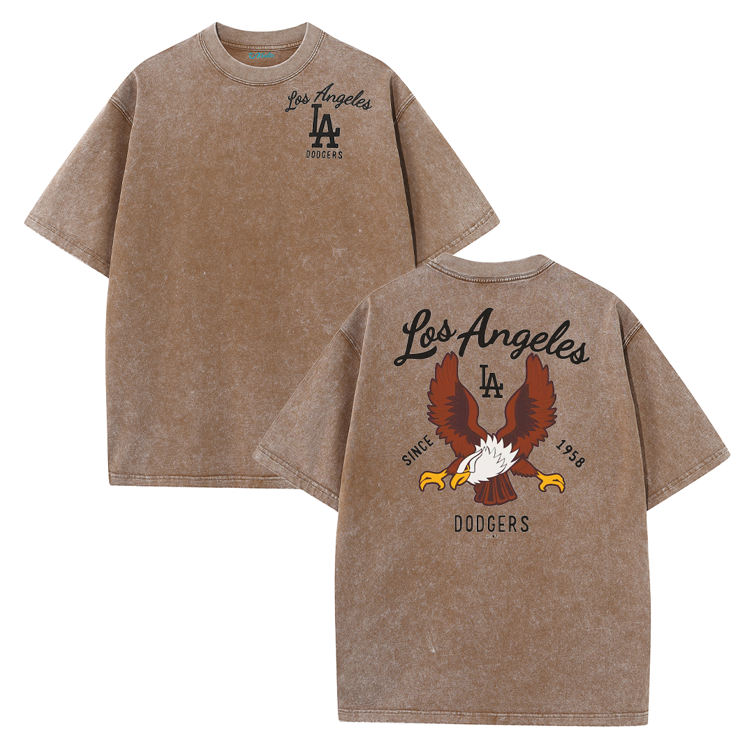 Los Angeles Script & Eagle Print Washed Tee – Retro LA Street Style T-Shirt