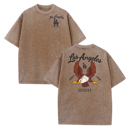 Los Angeles Script & Eagle Print Washed Tee – Retro LA Street Style T-Shirt