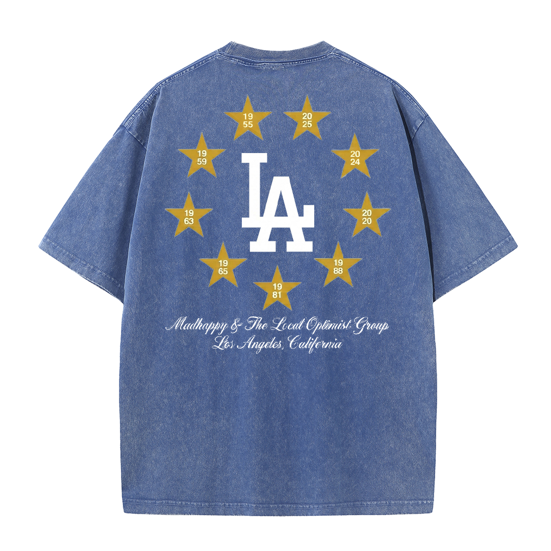 Los Angeles Script & Star Circle Graphic Tee – Vintage Washed Streetwear T-Shirt