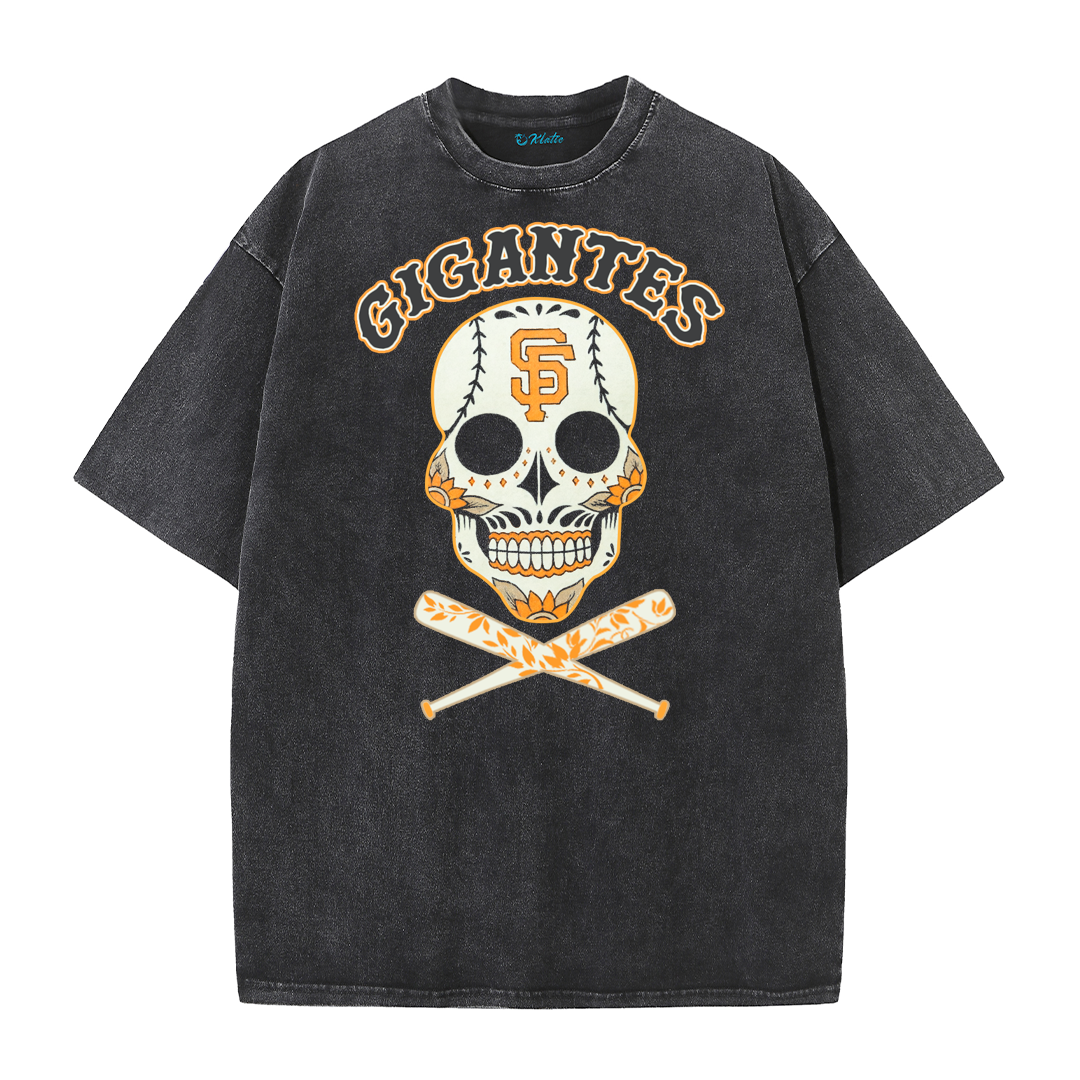 Vintage Skull Baseball Graphic Washed T-Shirt – Retro Streetwear Cotton Tee