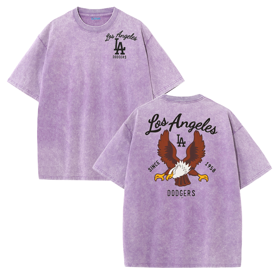 Los Angeles Script & Eagle Print Washed Tee – Retro LA Street Style T-Shirt