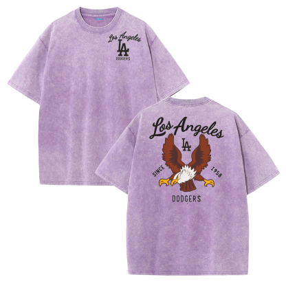 Los Angeles Script & Eagle Print Washed Tee – Retro LA Street Style T-Shirt