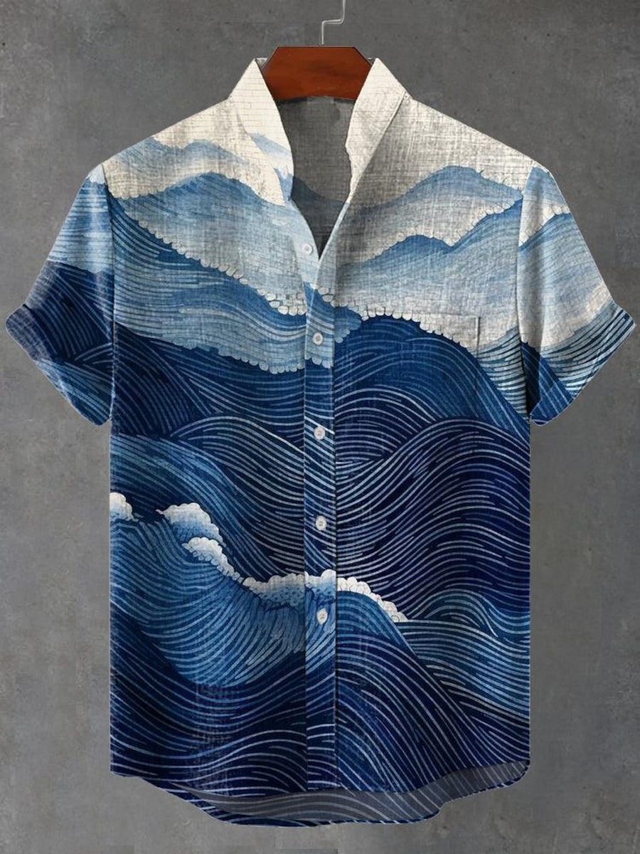 Blue Abstract Geometric Waves Print Casual Shirt