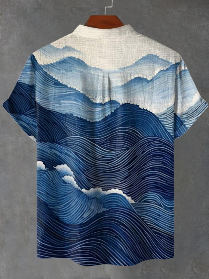 Blue Abstract Geometric Waves Print Casual Shirt