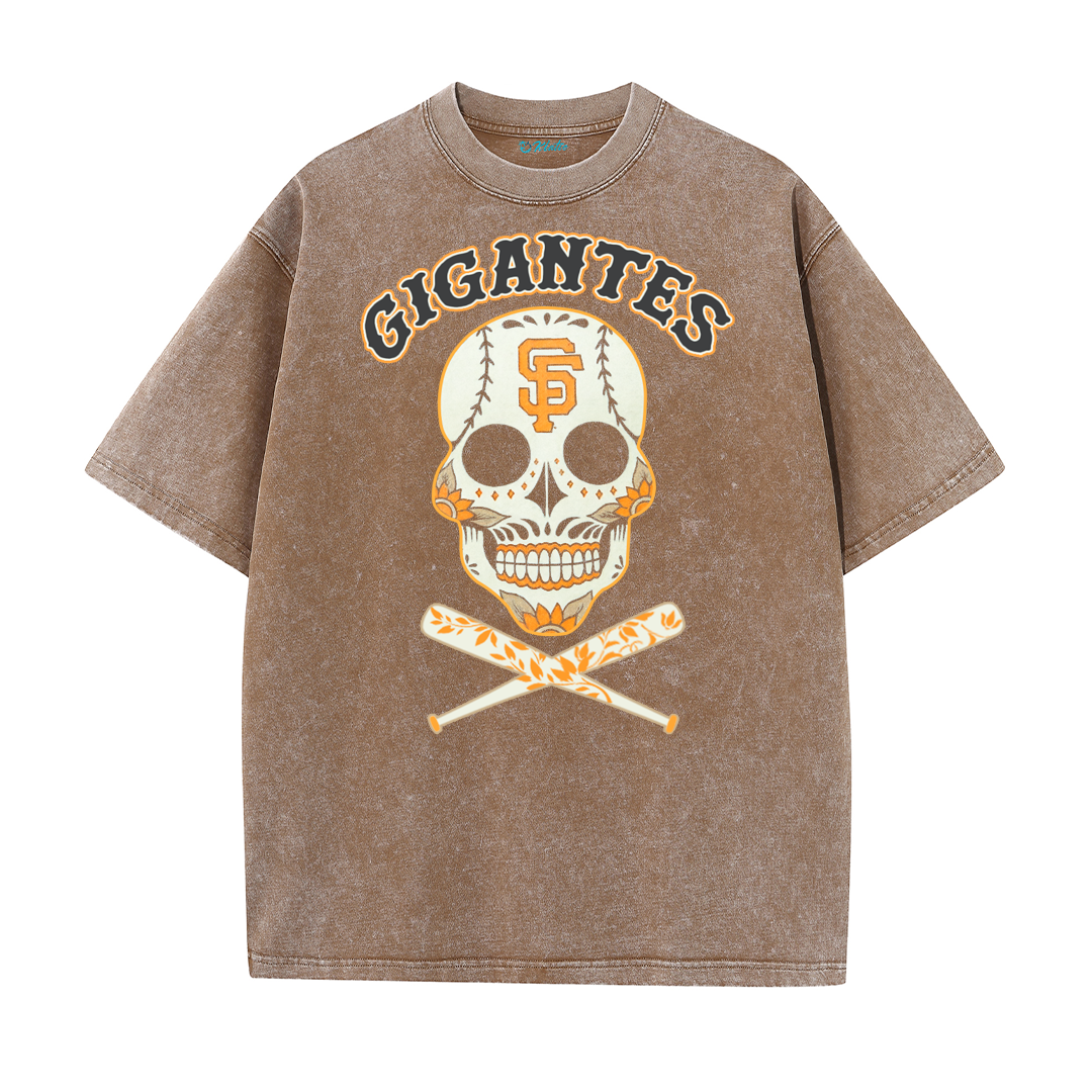 Vintage Skull Baseball Graphic Washed T-Shirt – Retro Streetwear Cotton Tee