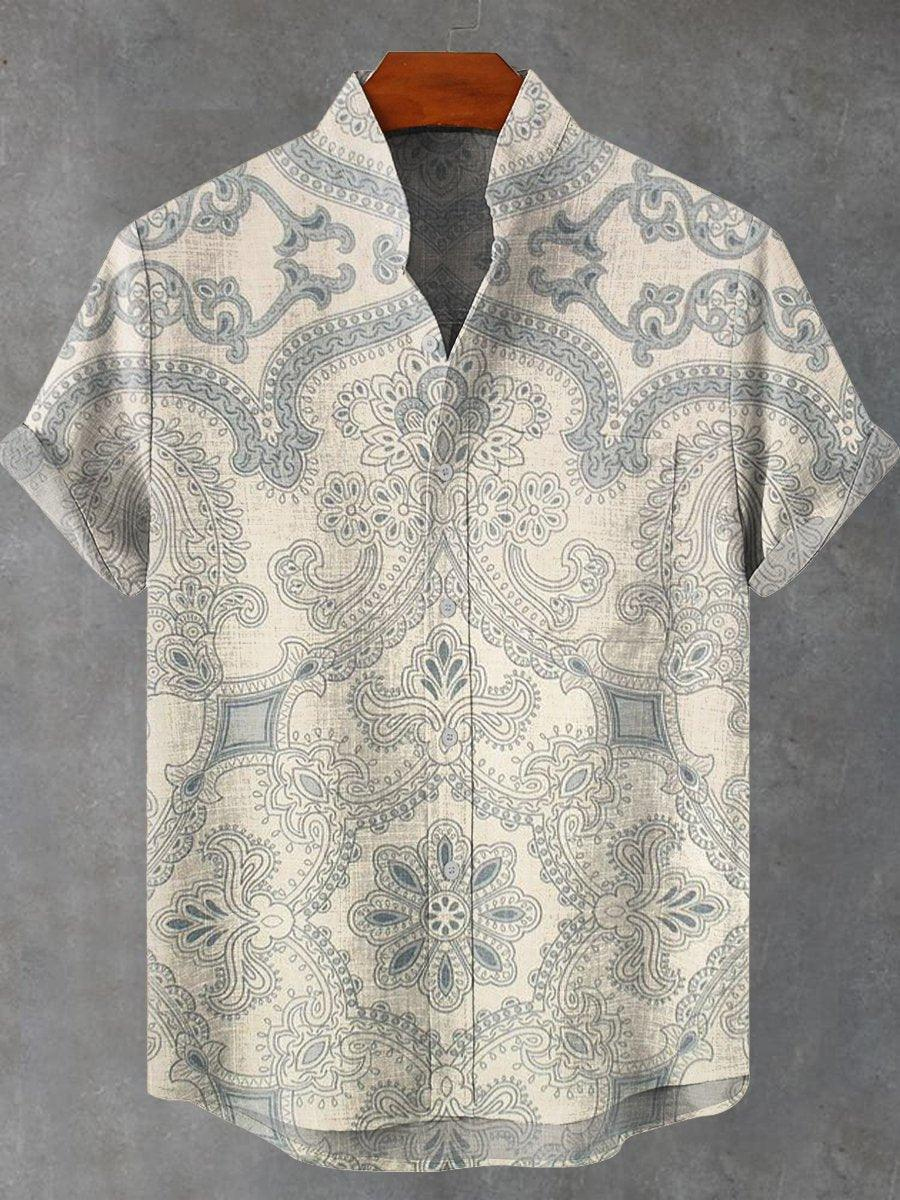 Retro Ethnic Floral Print Short Sleeve Shirt