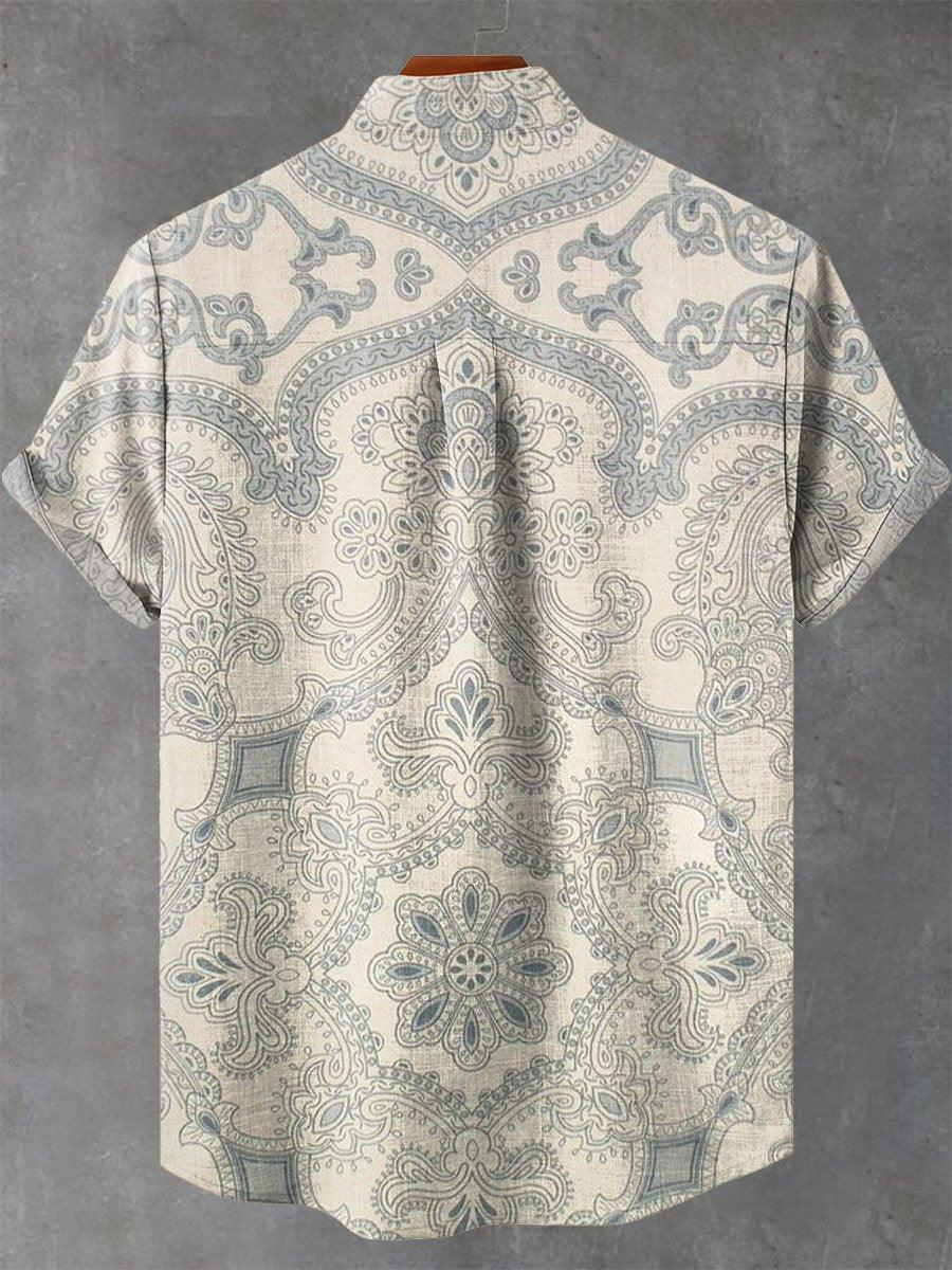 Retro Ethnic Floral Print Short Sleeve Shirt