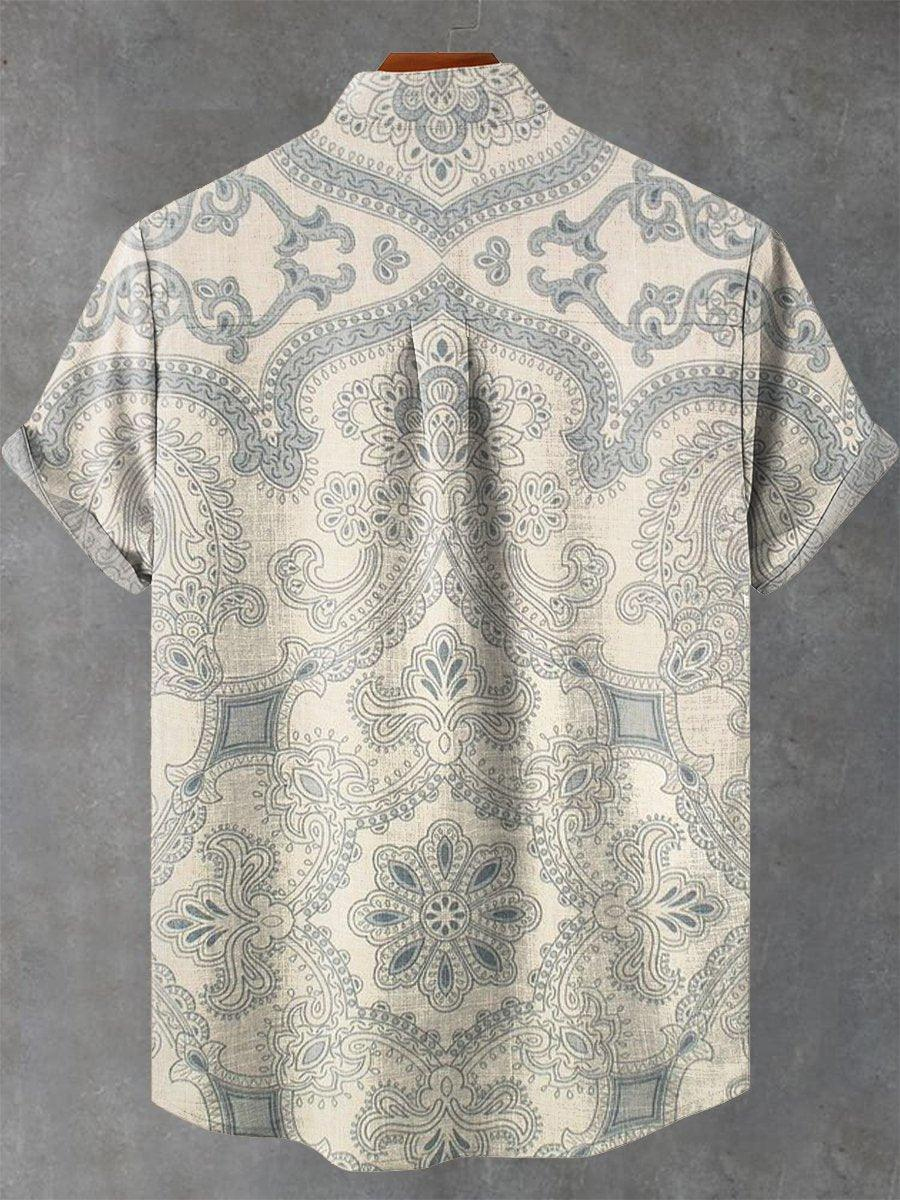 Retro Ethnic Floral Print Short Sleeve Shirt