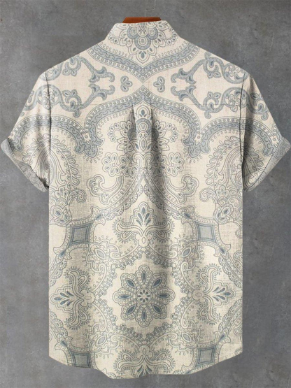 Retro Ethnic Floral Print Short Sleeve Shirt