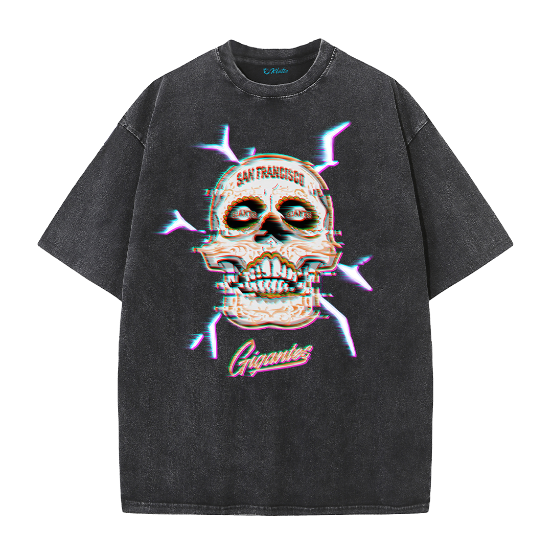 Retro Skull Graphic Tee – Washed Streetwear Cotton T-Shirt with Crossed Bats Print