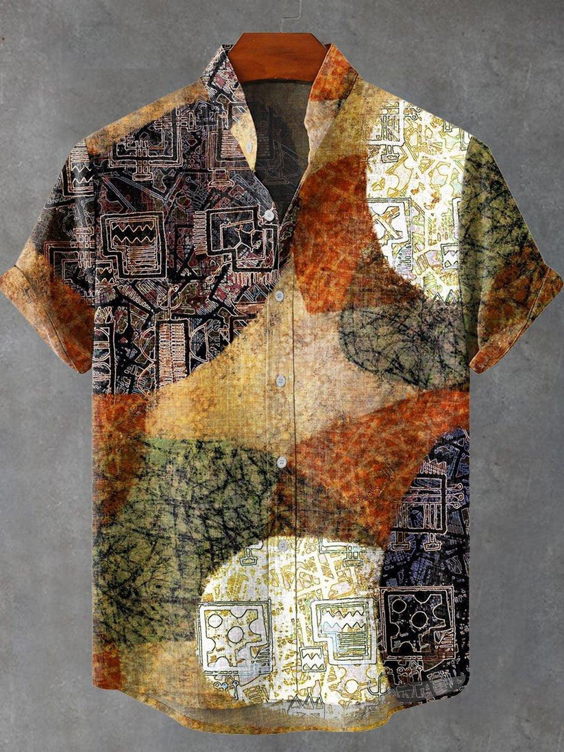 Color Block Ethnic Print Short Sleeve Shirt