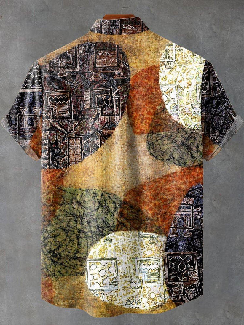 Color Block Ethnic Print Short Sleeve Shirt