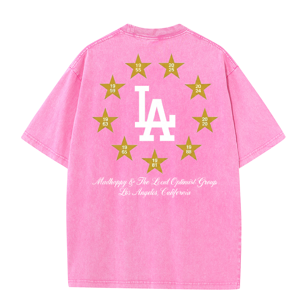 Los Angeles Script & Star Circle Graphic Tee – Vintage Washed Streetwear T-Shirt