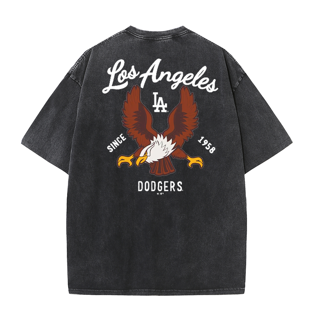 Los Angeles Script & Eagle Print Washed Tee – Retro LA Street Style T-Shirt
