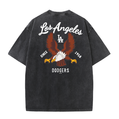 Los Angeles Script & Eagle Print Washed Tee – Retro LA Street Style T-Shirt