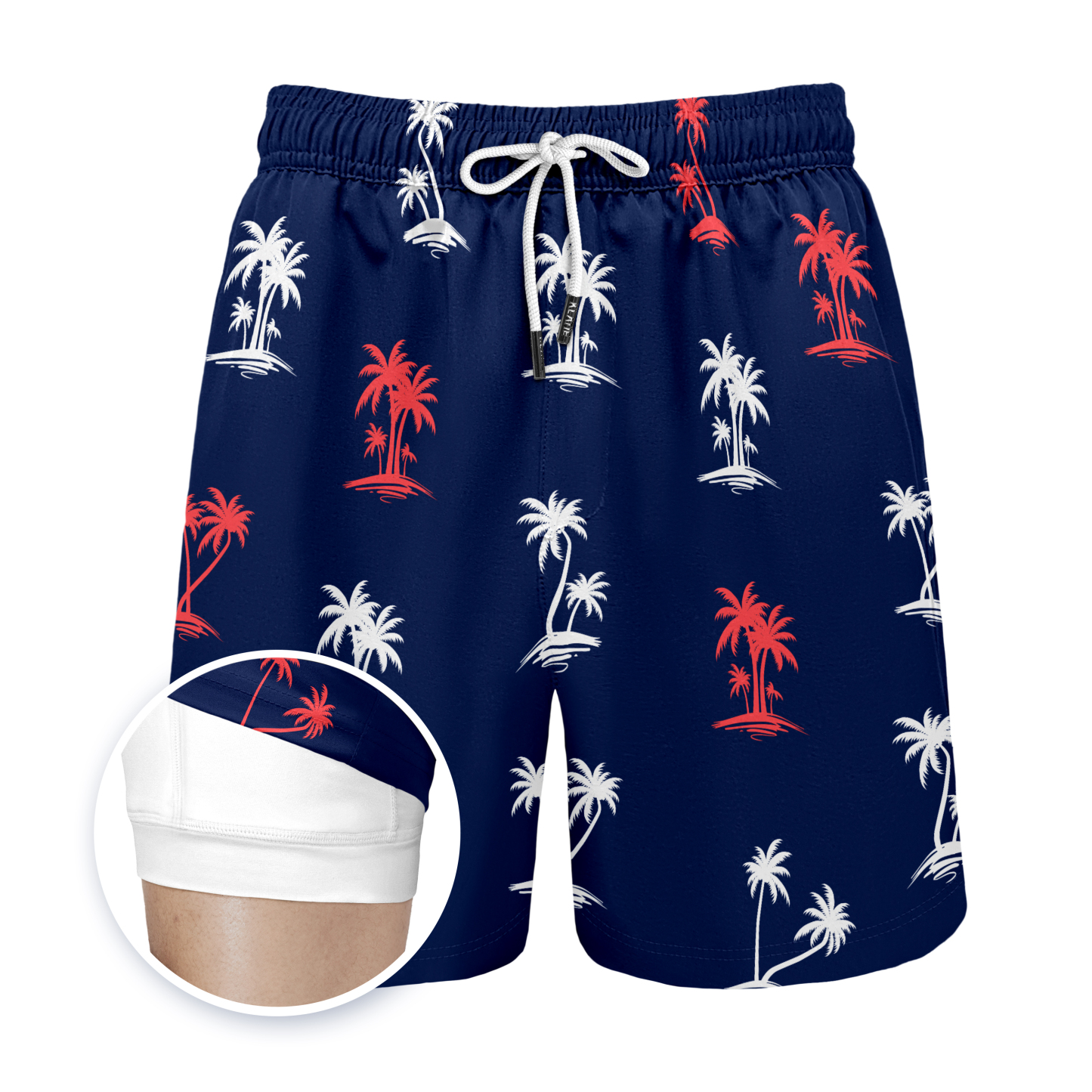 Navy Palm Tree (Compression Lined Swim Trunks)