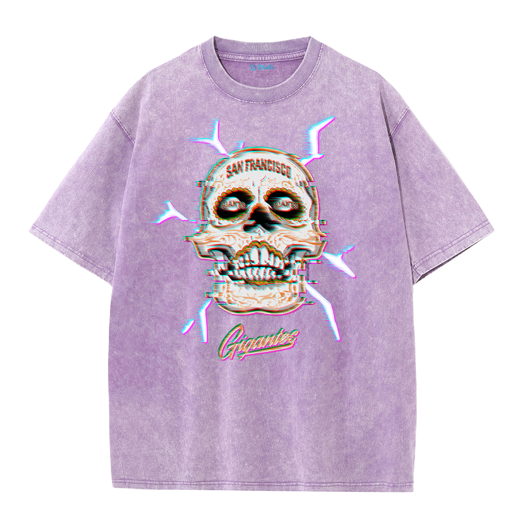 Retro Skull Graphic Tee – Washed Streetwear Cotton T-Shirt with Crossed Bats Print