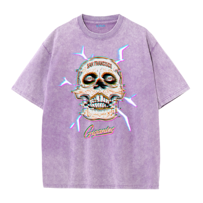 Retro Skull Graphic Tee – Washed Streetwear Cotton T-Shirt with Crossed Bats Print