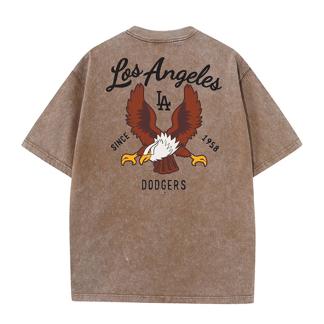 Los Angeles Script & Eagle Print Washed Tee – Retro LA Street Style T-Shirt