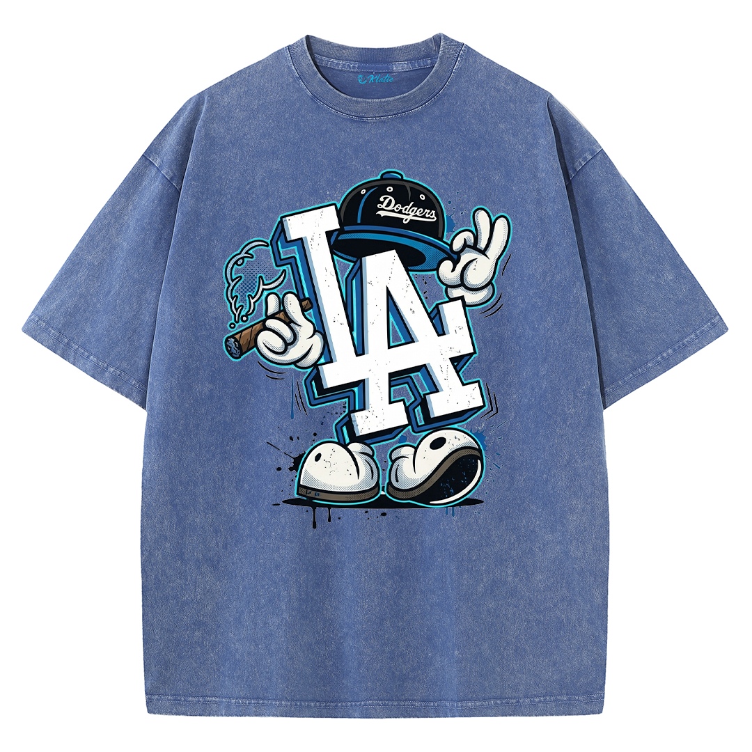 Retro LA Cartoon Graphic Tee – Washed Heavyweight Streetwear T-Shirt
