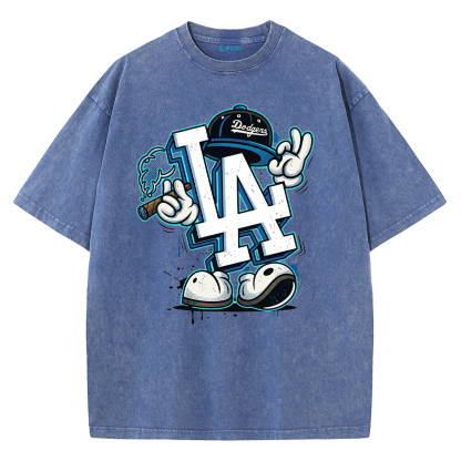 Retro LA Cartoon Graphic Tee – Washed Heavyweight Streetwear T-Shirt