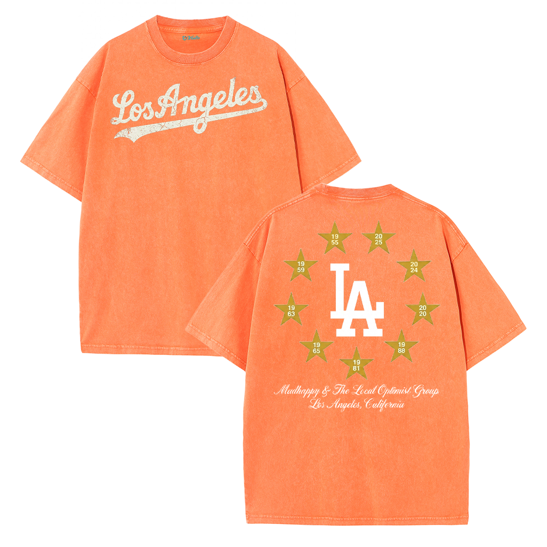 Los Angeles Script & Star Circle Graphic Tee – Vintage Washed Streetwear T-Shirt