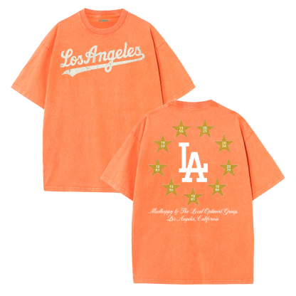 Los Angeles Script & Star Circle Graphic Tee – Vintage Washed Streetwear T-Shirt