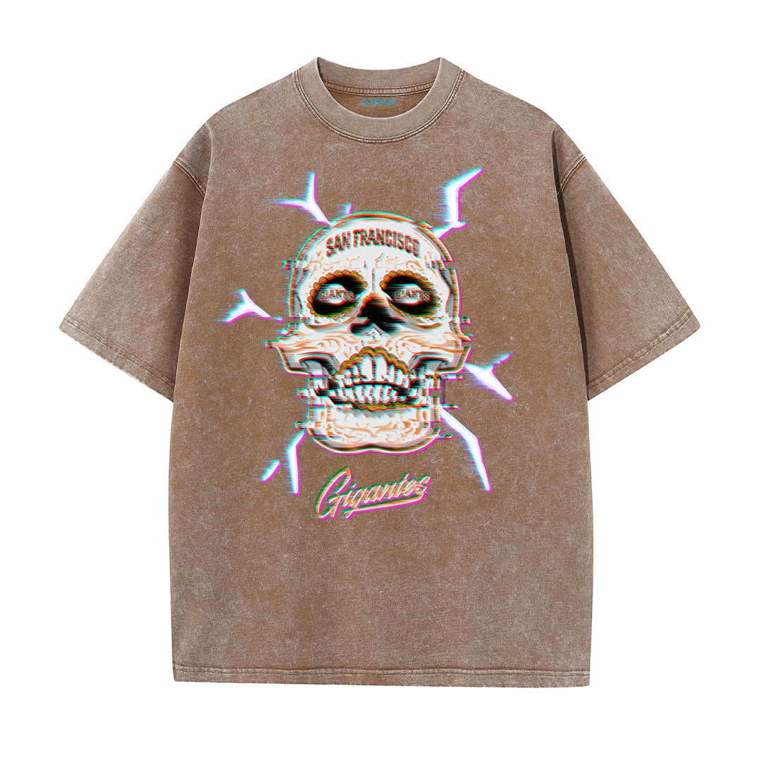 Retro Skull Graphic Tee – Washed Streetwear Cotton T-Shirt with Crossed Bats Print