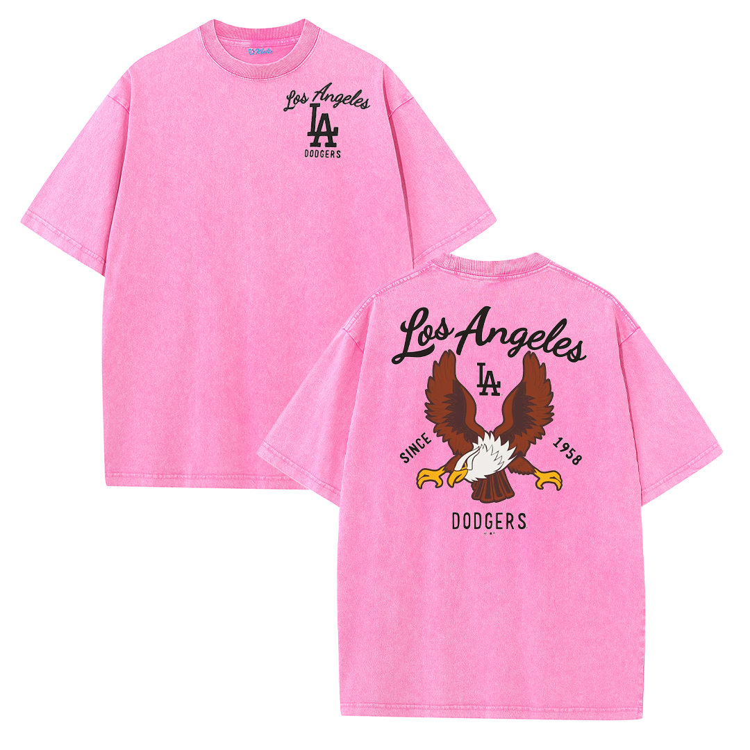 Los Angeles Script & Eagle Print Washed Tee – Retro LA Street Style T-Shirt