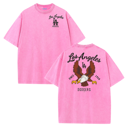 Los Angeles Script & Eagle Print Washed Tee – Retro LA Street Style T-Shirt