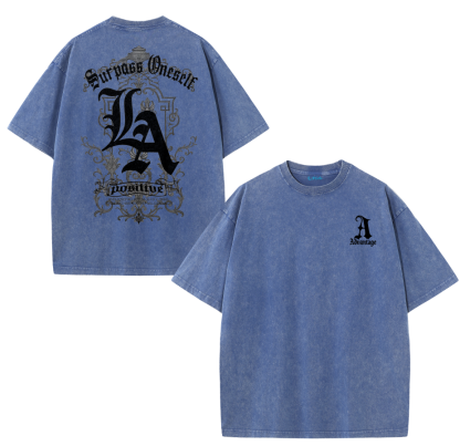 LA Letter Back Print Vintage Washed T-Shirt – Cotton Streetwear Graphic Tee