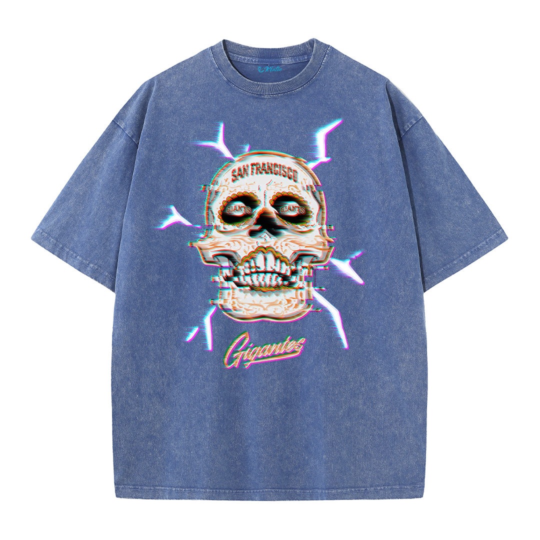 Retro Skull Graphic Tee – Washed Streetwear Cotton T-Shirt with Crossed Bats Print