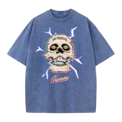 Retro Skull Graphic Tee – Washed Streetwear Cotton T-Shirt with Crossed Bats Print