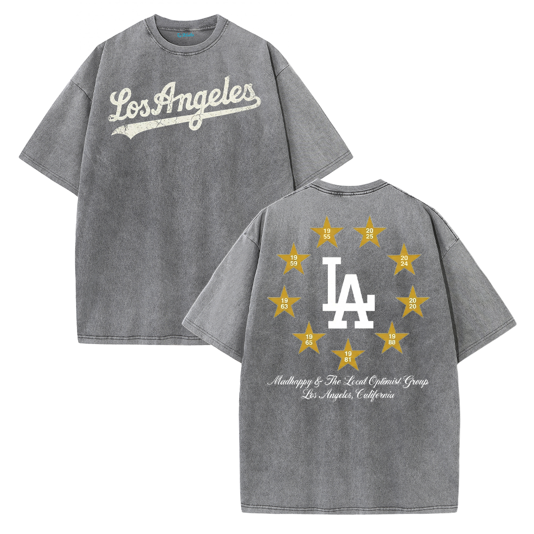 Los Angeles Script & Star Circle Graphic Tee – Vintage Washed Streetwear T-Shirt