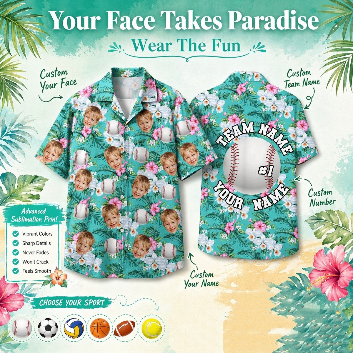 Camisa Hawaiana Personalizada Con Pelota Deportiva Y Cara: Camisas Tropicales De Béisbol Personalizadas, Camiseta Hawaiana Personalizada - miscalcetinescaramx