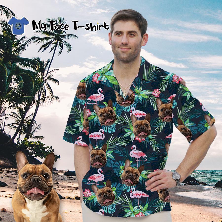 Camisa Hawaiana Personalizada Con Perro En Ella Camisa De Flores Y Hojas De Flamenco Para Dueño De Mascota - MyFaceSocksMX