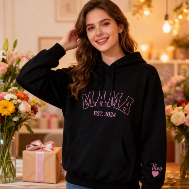 Sudadera Estilo Universitario Personalizada Para Mamá Con Bordado Del Año De Fundación Y Los Nombres De Los Niños En La Manga. Regalo Ideal Para El Día De La Madre. - miscalcetinescaramx