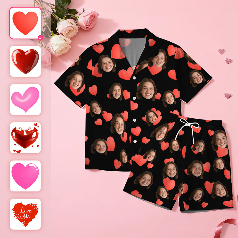 Pijama De Manga Corta Con Cara Personalizada, Ideal Como Pijama Para Parejas Con Cara De Corazón, Regalo De San Valentín Para Ella. - miscalcetinescaramx