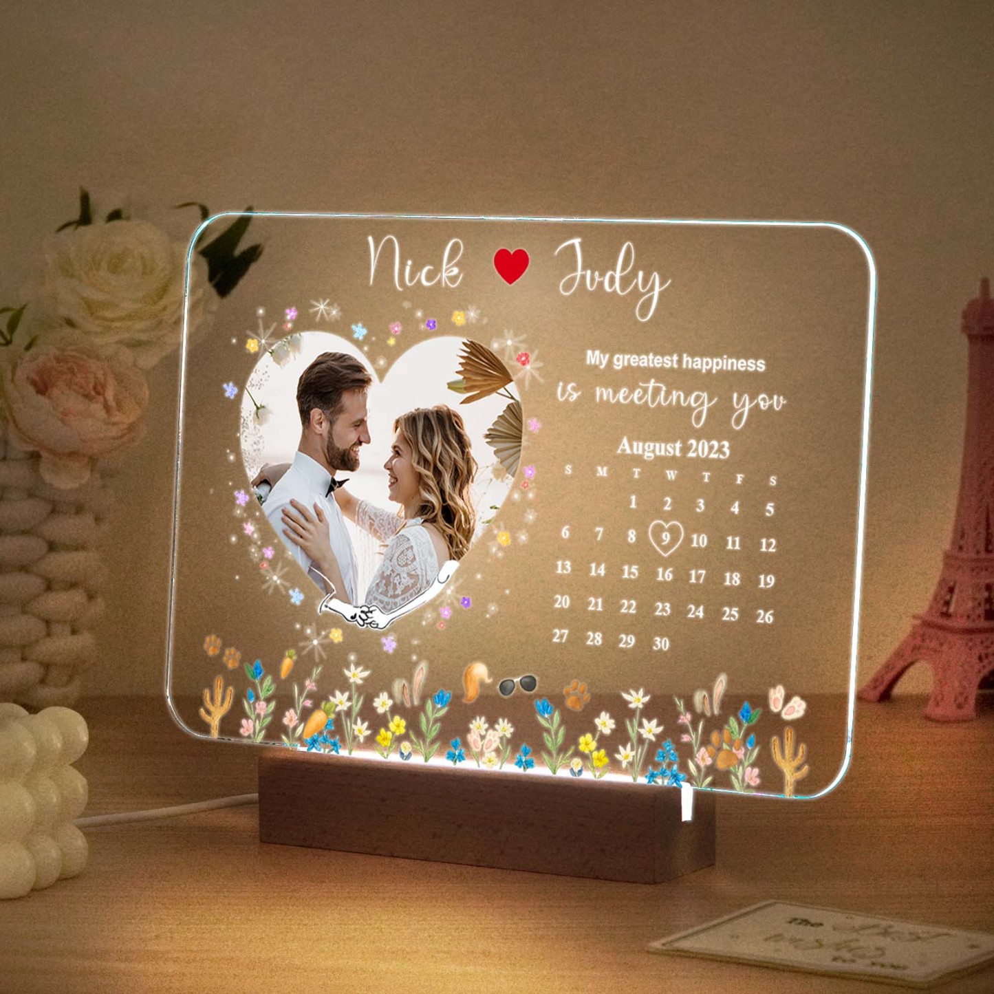 Marco De Fotos Con Luz Led Personalizado Para Regalar En Los Momentos Más Dulces Del Amor: Mi Mayor Felicidad Es Conocerte. - miscalcetinescaramx