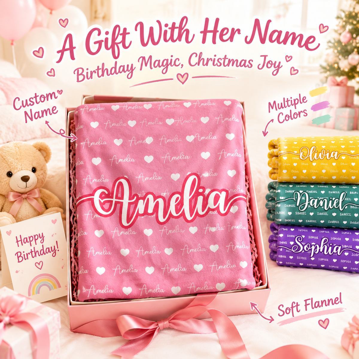 Manta Polar Personalizada Para Niños, Regalo De Cumpleaños Con Nombre Y Corazones, Acogedora Manta Sherpa Para Niñas Y Niños, Regalo De Navidad - miscalcetinescaramx