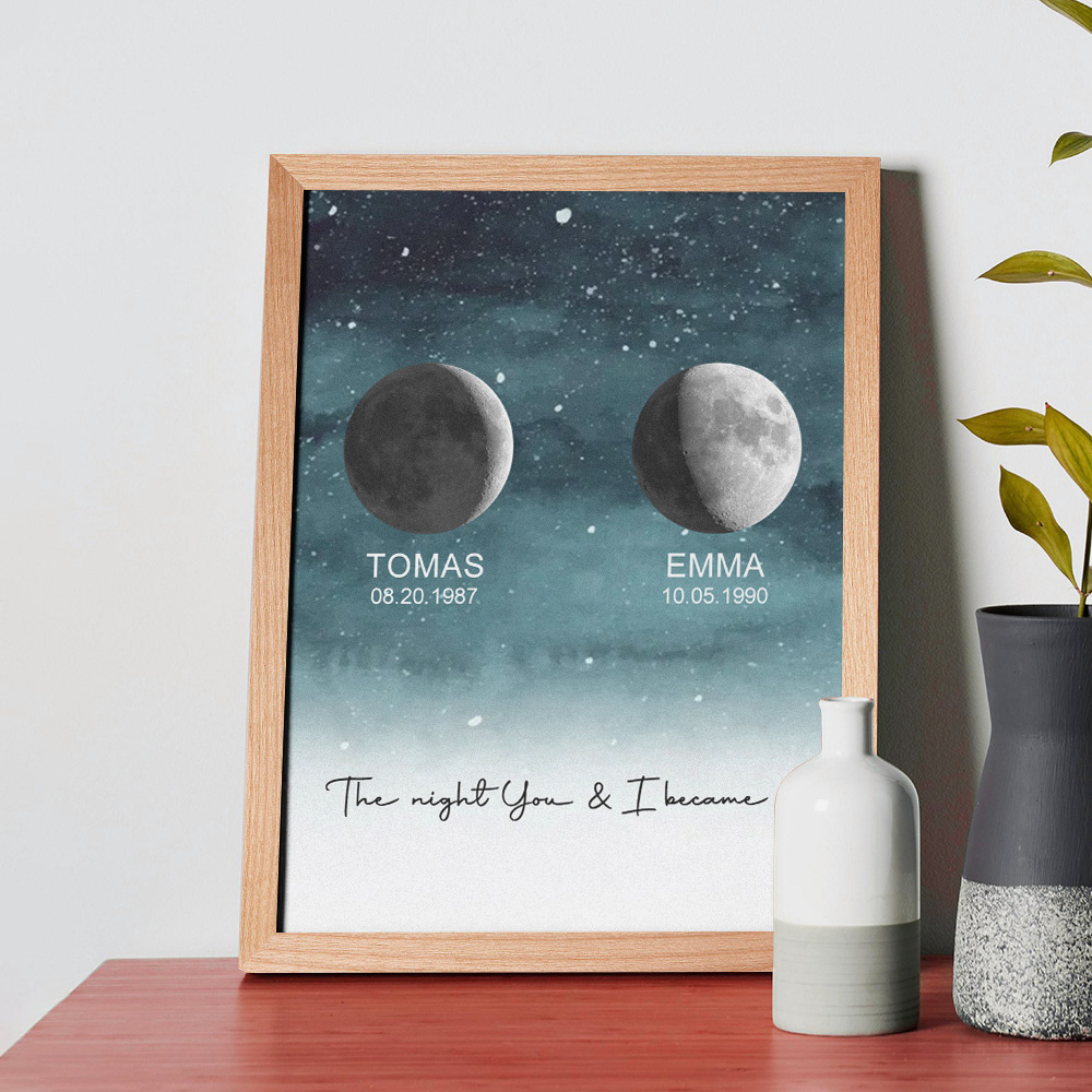 Marco De Impresión De Fase Lunar Personalizado, Adornos De Marco De Madera De Fase Lunar Personalizados, Regalos De Aniversario Para Ella Y Él - miscalcetinescaramx
