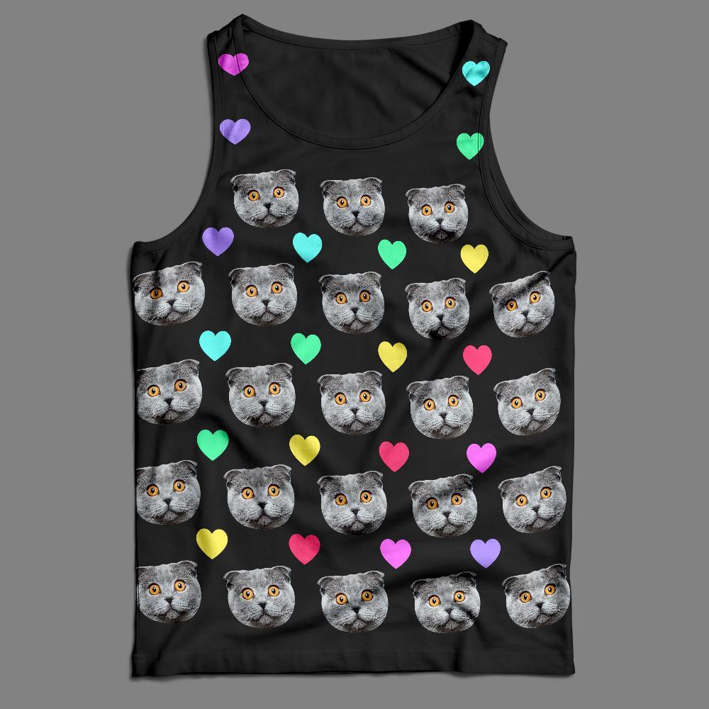 Camiseta Sin Mangas Con Cara Personalizada Gato Con Corazón Colorido - MyFaceSocksMX