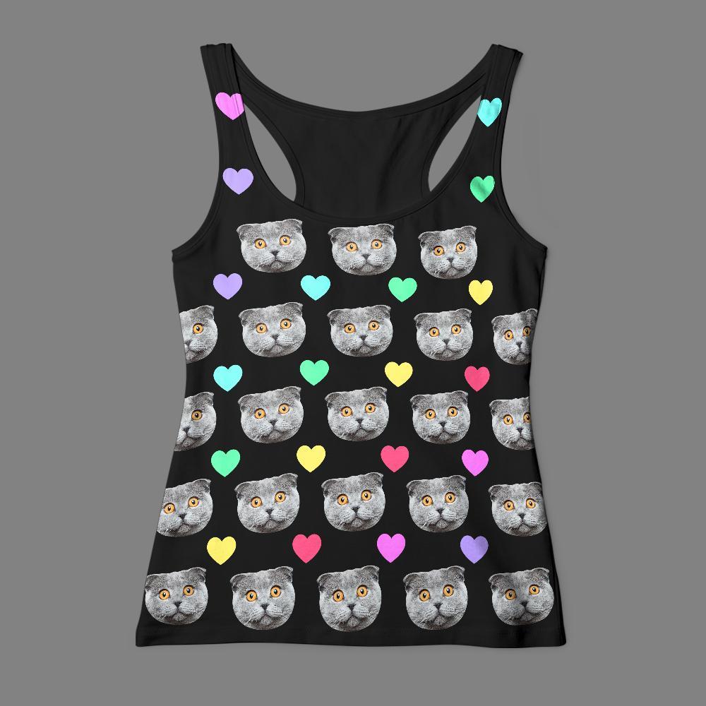 Camiseta Sin Mangas Con Cara Personalizada Gato Con Corazón Colorido - MyFaceSocksMX