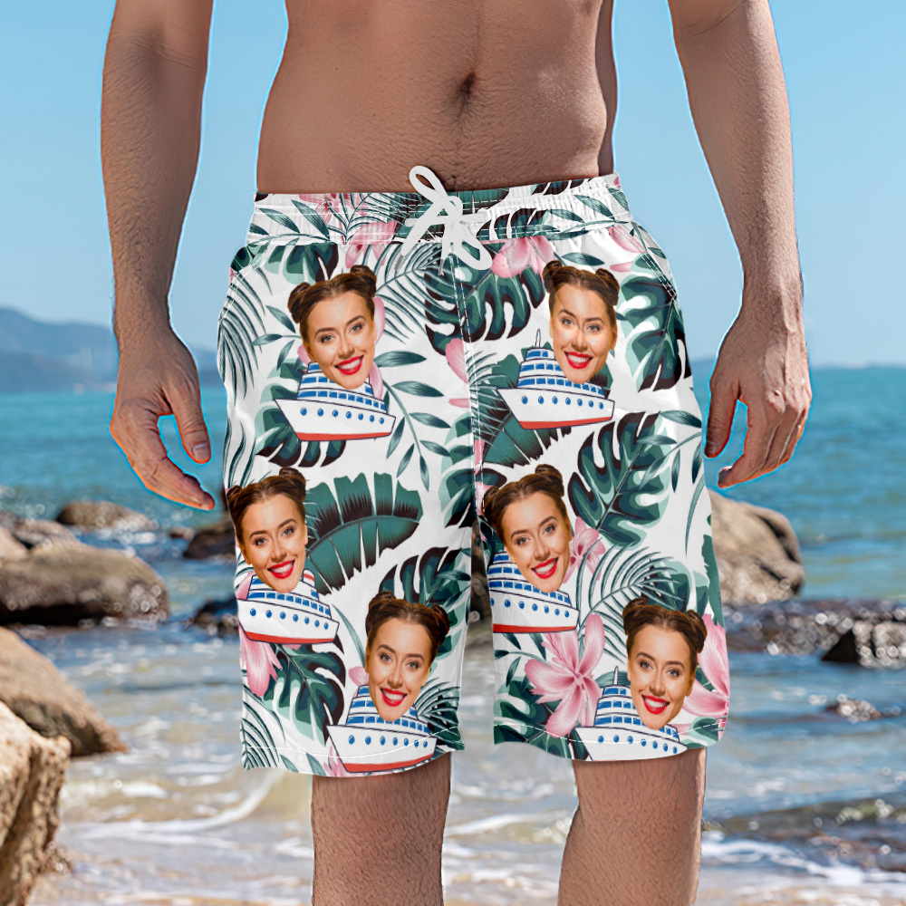 Pantalones Cortos De Playa Personalizados Con Foto De Crucero, Regalo Para Amantes De Los Viajes Pantalones Cortos De Playa Personalizados Con Cara De Hojas Verdes - miscalcetinescaramx